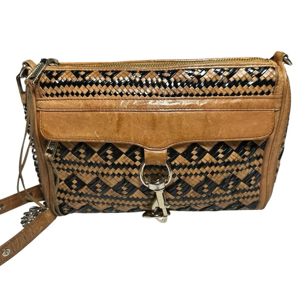 Rebecca Minkoff MAC Woven‎ Leather Crossbody Tan Black Chain Strap Shoulder Bag